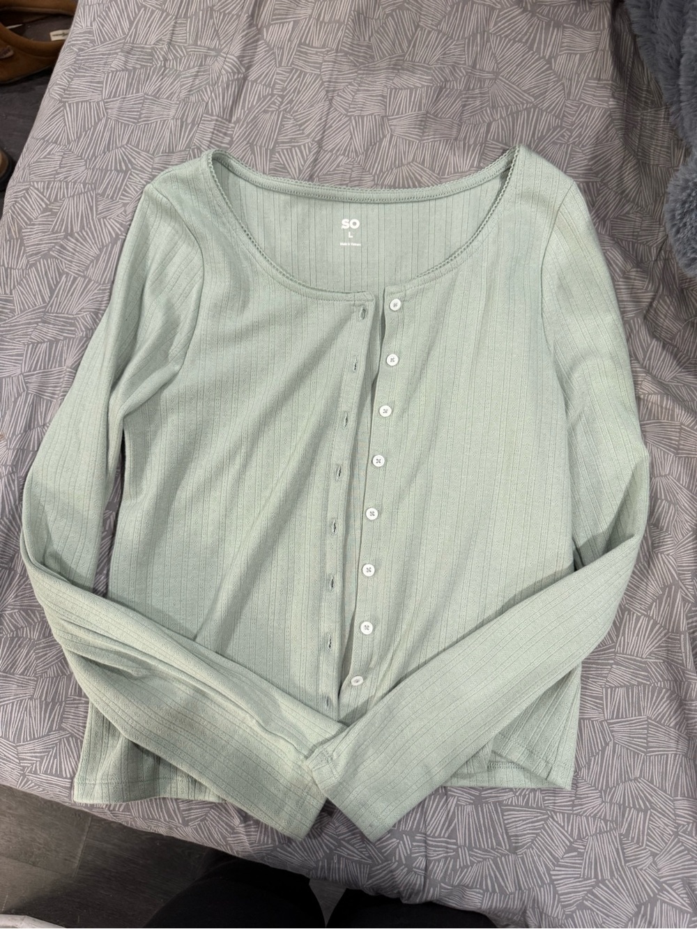 SO Light Sage Ribbed Button-Front Long Sleeve Top